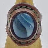 Unique Handcrafted Genuine Vegetal Brown Leather Ring with Blue Agate Stone-Size 10 Unisex Gift Fashion Jewelry with Natural Stone Band