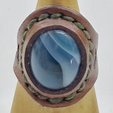 Unique Handcrafted Genuine Vegetal Brown Leather Ring with Blue Agate Stone-Size 10 Unisex Gift Fashion Jewelry with Natural Stone Band