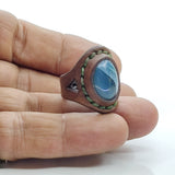Unique Handcrafted Genuine Vegetal Brown Leather Ring with Blue Agate Stone-Size 10 Unisex Gift Fashion Jewelry with Natural Stone Band