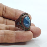 Unique Handcrafted Genuine Vegetal Brown Leather Ring with Blue Agate Stone-Size 10 Unisex Gift Fashion Jewelry with Natural Stone Band