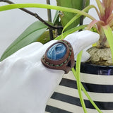 Unique Handcrafted Genuine Vegetal Brown Leather Ring with Blue Agate Stone-Size 10 Unisex Gift Fashion Jewelry with Natural Stone Band