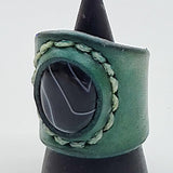 Unique Handcrafted Genuine Vegetal Green Leather Ring with Black Agate Stone Setting-Unisex Gift Fashion Jewelry Band