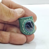 Unique Handcrafted Genuine Vegetal Green Leather Ring with Black Agate Stone Setting-Unisex Gift Fashion Jewelry Band