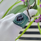 Unique Handcrafted Genuine Vegetal Green Leather Ring with Black Agate Stone Setting-Unisex Gift Fashion Jewelry Band
