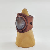 Unique Handcrafted Genuine Vegetal Brown Leather Ring with Gray Agate Stone -Unisex Gift Fashion Jewelry Band with Naturel Stone