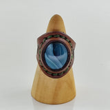 Unique Handcrafted Genuine Vegetal Brown Leather Ring with Blue Agate Stone-Size 10 Unisex Gift Fashion Jewelry with Natural Stone Band