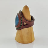 Unique Handcrafted Genuine Vegetal Brown Leather Ring with Blue Agate Stone-Size 10 Unisex Gift Fashion Jewelry with Natural Stone Band