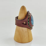 Unique Handcrafted Genuine Vegetal Brown Leather Ring with Blue Agate Stone-Size 10 Unisex Gift Fashion Jewelry with Natural Stone Band