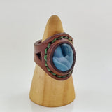 Unique Handcrafted Genuine Vegetal Brown Leather Ring with Blue Agate Stone-Size 10 Unisex Gift Fashion Jewelry with Natural Stone Band