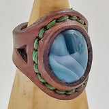 Unique Handcrafted Genuine Vegetal Brown Leather Ring with Blue Agate Stone-Size 10 Unisex Gift Fashion Jewelry with Natural Stone Band