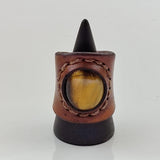 Unique Handcrafted Genuine Vegetal Brown Leather Ring with Tiger Eye Stone-Unisex Gift Fashion Jewelry Band with Naturel Stone
