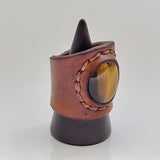Unique Handcrafted Genuine Vegetal Brown Leather Ring with Tiger Eye Stone-Unisex Gift Fashion Jewelry Band with Naturel Stone