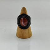 Unique Handcrafted Genuine Vegetal Black Leather Ring with Amber Agate Stone with White Stripes-Size 10.5 Gift Unisex Fashion Jewelry Band
