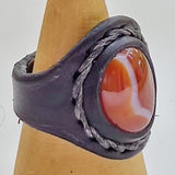 Unique Handcrafted Genuine Vegetal Black Leather Ring with Amber Agate Stone with White Stripes-Size 10.5 Gift Unisex Fashion Jewelry Band