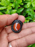 Unique Handcrafted Genuine Vegetal Black Leather Ring with Amber Agate Stone with White Stripes-Size 10.5 Gift Unisex Fashion Jewelry Band