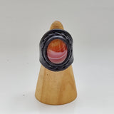 Unique Handcrafted Genuine Vegetal Black Leather Ring with Amber Agate Stone-Unisex Gift with Natural Stone Fashion Jewelry Band