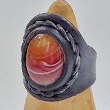 Unique Handcrafted Genuine Vegetal Black Leather Ring with Amber Agate Stone-Unisex Gift with Natural Stone Fashion Jewelry Band