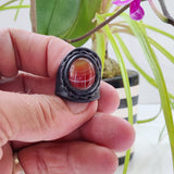 Unique Handcrafted Genuine Vegetal Black Leather Ring with Amber Agate Stone-Unisex Gift with Natural Stone Fashion Jewelry Band