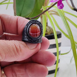 Unique Handcrafted Genuine Vegetal Black Leather Ring with Amber Agate Stone-Unisex Gift with Natural Stone Fashion Jewelry Band