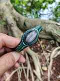 Handcrafted Genuine Green Vegetal Leather Bracelet with Gray Cat Eye Stone Setting-Unisex Gift-Unique Fashion Jewelry Cuff Wristband