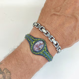 Unique Handcrafted Green Leather Bracelet with Purple Agate Stone Setting-Life Style Unisex Gift Fashion Jewelry Bangle Cuff Wristband