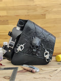 Handcrafted Vegetal Leather Black Embossed Skull Motorcycle Left Side Saddle Bag-Softail and Universal Swingarm Bag with Skull