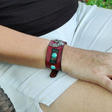 Unique Handcrafted Maroon and Black Color Genuine Leather with Broken Heart Concho Bracelet-Adjustable Unisex Gift Studded Cuff Wristband