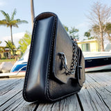Handcrafted Vegetal Leather Black Motorcycle Left Side Saddlebag with Chain-Gift Harley Davidson Softail-Universal Swingarm Bag