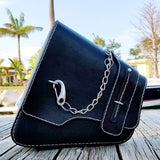Handcrafted Vegetal Leather Black Motorcycle Left Side Saddlebag with Chain-Gift Harley Davidson Softail-Universal Swingarm Bag