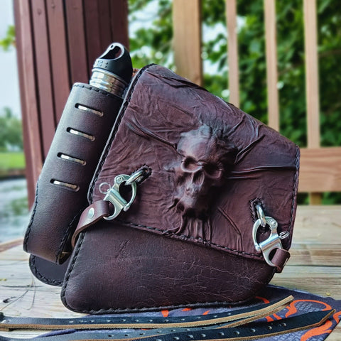 MADE TO ORDER-Handcrafted Genuine Leather Brown Skull Motorcycle Left Side Saddlebag- Gift Harley Davidson Softail Swingarm Bag