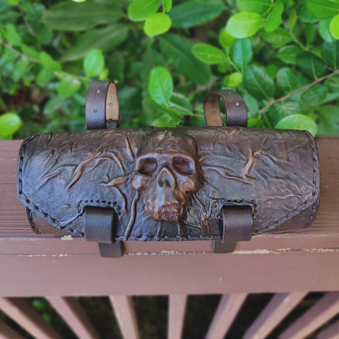 Handcrafted Genuine Vegetal Leather Front Fork Brown Tool Bag-Leather Motorcycle Bags-Cool Skull Design