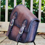 Handcrafted Vegetal Leather Brown-Black Left Side Motorcycle Saddlebag-Harley Davidson Softail-Universal Custom Swingarm Bag