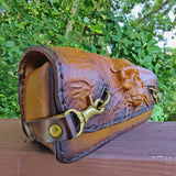 Made To Order-Handcrafted Genuine Vegetal Light Brown-Black Leather Front Fork Tool Bag-HD and Universal Embossed Skull Motorcycle Bag