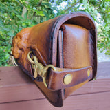 Made To Order-Handcrafted Genuine Vegetal Light Brown-Black Leather Front Fork Tool Bag-HD and Universal Embossed Skull Motorcycle Bag