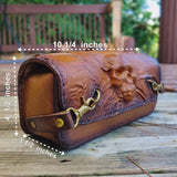 Made To Order-Handcrafted Genuine Vegetal Light Brown-Black Leather Front Fork Tool Bag-HD and Universal Embossed Skull Motorcycle Bag