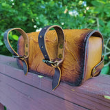 Made To Order-Handcrafted Genuine Vegetal Light Brown-Black Leather Front Fork Tool Bag-HD and Universal Embossed Skull Motorcycle Bag
