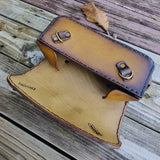 Made To Order-Handcrafted Genuine Vegetal Light Brown-Black Leather Front Fork Tool Bag-HD and Universal Embossed Skull Motorcycle Bag