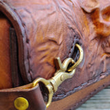 Made To Order-Handcrafted Genuine Vegetal Light Brown-Black Leather Front Fork Tool Bag-HD and Universal Embossed Skull Motorcycle Bag