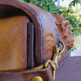 Made To Order-Handcrafted Genuine Vegetal Light Brown-Black Leather Front Fork Tool Bag-HD and Universal Embossed Skull Motorcycle Bag