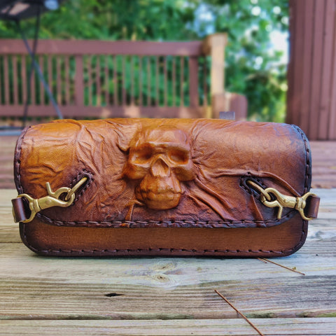 Made To Order-Handcrafted Genuine Vegetal Light Brown-Black Leather Front Fork Tool Bag-HD and Universal Embossed Skull Motorcycle Bag