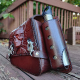 Handcrafted Vegetal Maroon Leather Embossed Skull Motorcycle Right Side Saddlebag-Harley Davidson Sportster-Universal Swingarm Bag