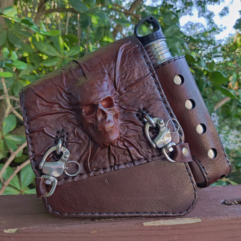 Handcrafted Vegetal Maroon Leather Embossed Skull Motorcycle Right Side Saddlebag-Harley Davidson Sportster-Universal Swingarm Bag