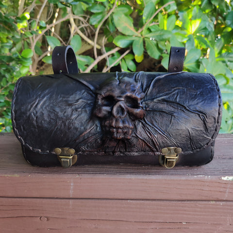 MADE TO ORDER-Handcrafted Genuine Vegetal Black Leather Front Fork Tool Bag With Embossed Skull Design-Universal Motorcycle Motorcycle Bag