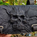 MADE TO ORDER-Handcrafted Genuine Vegetal Black Leather Front Fork Tool Bag With Embossed Skull Design-Harley Davidson and Universal Motorcycle Bag