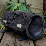 Made To Order-Handcrafted Genuine Vegetal Black Leather Front Fork Tool Bag With Embossed Skull Design-HD and Universal Motorcycle Bag