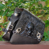 Handcrafted Vegetal Leather Black Embossed Skull Motorcycle Left Side Saddle Bag-Softail and Universal Swingarm Bag with Skull