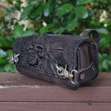 Made To Order-Handcrafted Genuine Vegetal Leather Tool Bag With Embossed Skull Design-Harley Davidson and Universal Motorcycle Bag