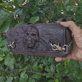 Made To Order-Handcrafted Genuine Vegetal Leather Tool Bag With Embossed Skull Design-Harley Davidson and Universal Motorcycle Bag