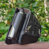 Handcrafted Vegetal Leather Black Motorcycle Left Side Wave Design Saddlebag-Harley Davidson Softail-Universal Swingarm Bag