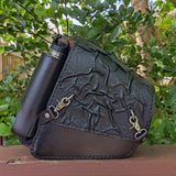 Handcrafted Vegetal Leather Black Motorcycle Left Side Wave Design Saddlebag-Harley Davidson Softail-Universal Swingarm Bag